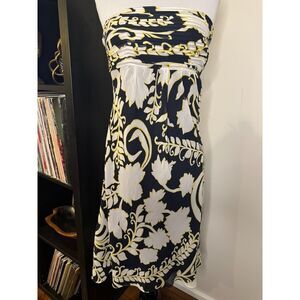 Ann Taylor White Navy and Yellow Strapless Silk Cocktail Dress | Size 4